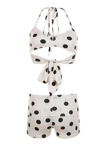 Women 2 Piece Bikini Shorts Set Y2k Halter String Triangle Bikini Top With Low Rise Swim Boyshorts Beachwear - trắng - Xem 3