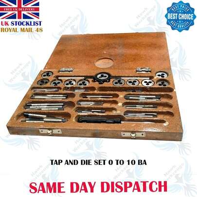 BRITISH ASSOCIATION 0 - 10 BA TAP & DIE SET + THREAD CHART - 33 TAPS AND 11 DIES