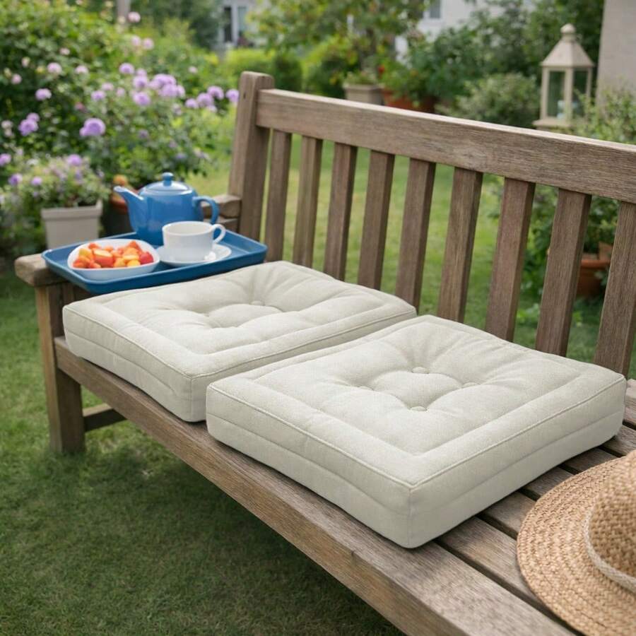 Juego de 2 Cojnes de Suelo Acolchado 45x45x10cm, Cojines para Palets, Banco, Silla y Suelo, Asiento Cómodo Decorativo para Interior y Exterior. Juego de 2 Cojnes Decorativo con Textura de Bambú,Cojin de Asiento Estilo Rústico - Bies blanco - Ver 1