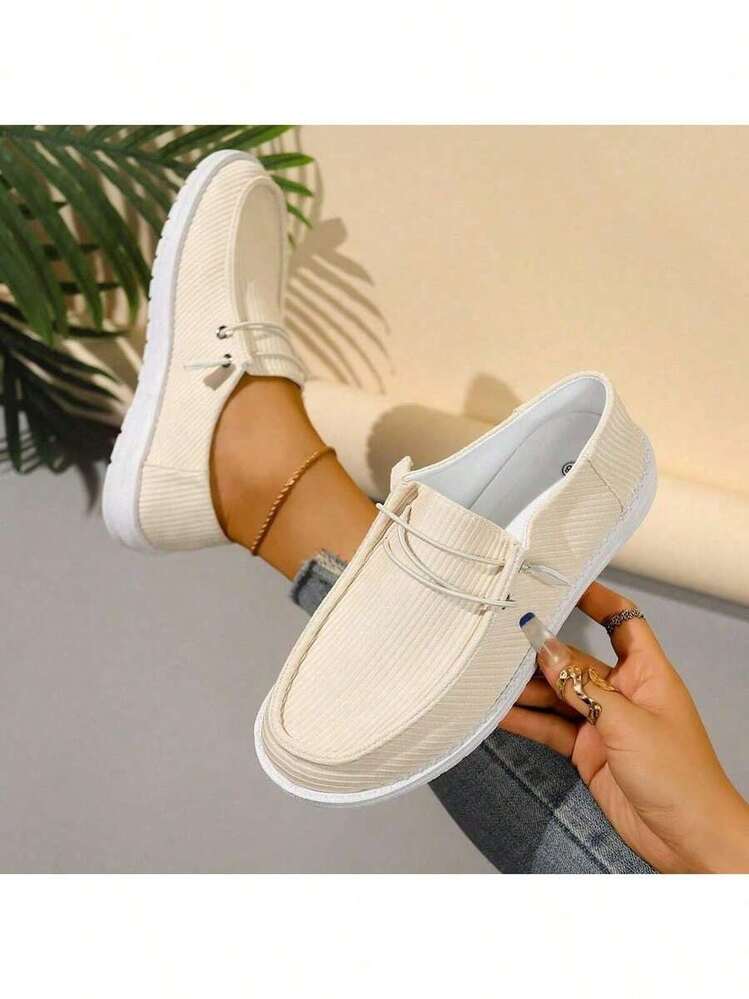 Women's Casual Corduroy Loafers - Slip-On Comfort Shoes With Elastic Laces, Lightweight Walking Sneakers For Daily Wear - Phiên bản nâng cấp màu be - Xem 6