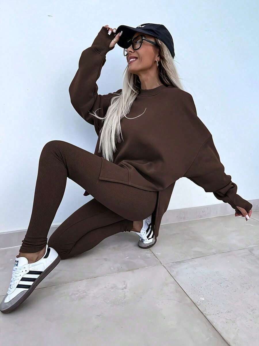 Cozy Oversized Crewneck Sweatshirt & Ribbed Leggings Set For Women – Soft Brushed Fleece Fabric, Relaxed Fit, Side Slit Detail, Perfect For Early Spring Lounging & Errands - Brown - View 1
