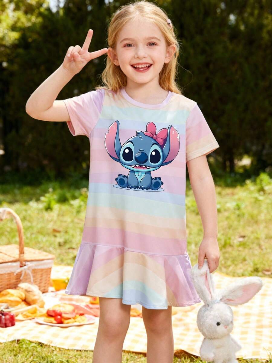 Disney Stitch With Pink Bow Soft Polyester Fabric Casual And Comfortable Wear Suitable For Childrens Casual Wear Lively Outdoor Outfit Girls Princess Dress Party Fashion Ruffle Skirt Princess Dress Suitable For Birthday Parties Comfortable And Casual Wear All Year Round Suitable For Parties And Play Machine Washable Gift Childrens Clothing Soft And Skin Friendly The Skirt Flows Making Your Little One Become A Fairy Tale Protagonist - Stripes - View 1