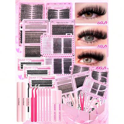 Eimny 7片装假睫毛礼盒，D型卷翘，不同长度，包含胶水/卸妆液/睫毛刷/镊子。超浓密单根睫毛，柔软舒适，是完美的情人节礼物，适合DIY居家使用，新手友好，也适合专业化妆师。