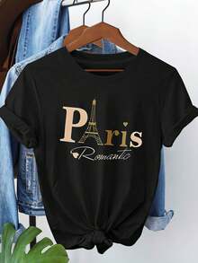 Plus Size - A Stylish Casual Round-Neck T-Shirt for Women in Plus Size, Featuring a 'Paris Romantic' Design with The Eiffel Tower Print, Perfect for Spring And Summer - Negro - Ver 1