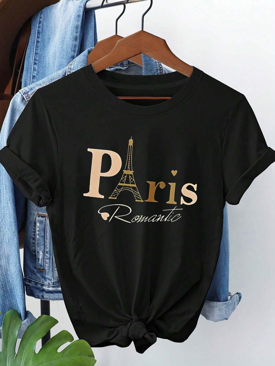 Plus Size - A Stylish Casual Round-Neck T-Shirt for Women in Plus Size, Featuring a 'Paris Romantic' Design with The Eiffel Tower Print, Perfect for Spring And Summer - Negro - Ver 1