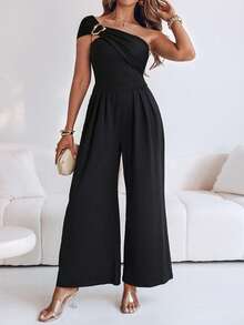 Bộ jumpsuit nữ lệch vai, xếp ly, cài khóa, ống rộng, thanh lịch, thích hợp cho tiệc cocktail và hẹn hò. - màu đen - Xem 6