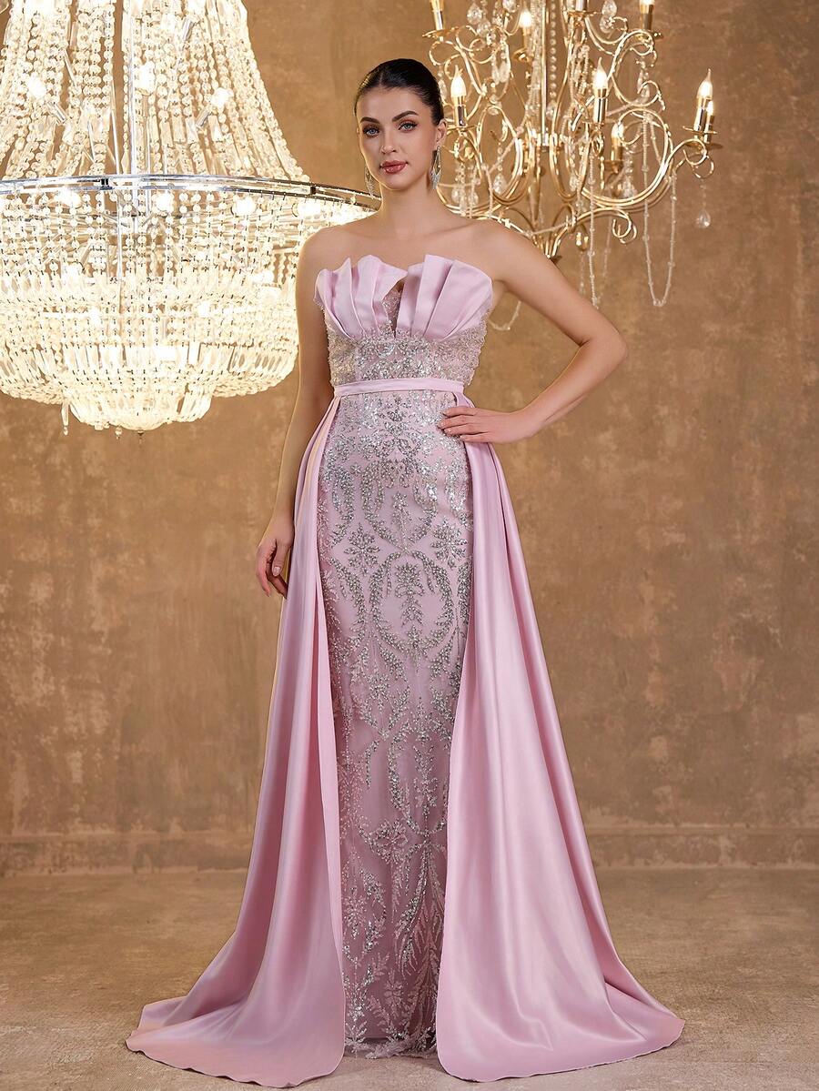 Elegant Sexy Off-Shoulder Mermaid Hem Dress With Satin Ruched Bust, Beaded, Sequin & Lace Embroidery Party - Baby Pink - View 1