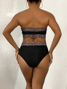 Summer  Vacation  Beach    Two Piece Set  Sexy    Knitted Fabric    Contrast Mesh  Backless    Bikini Set For Women - màu đen - Xem 2