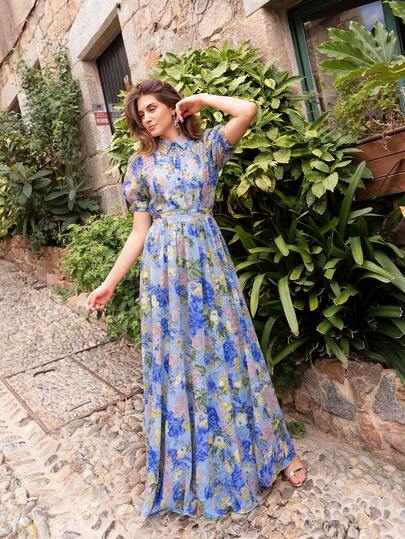 Faeriesty 复古印花晚礼服，泡泡袖，收腰设计，飘逸裙摆，适合婚礼、花园派对、户外晚餐和浪漫约会。