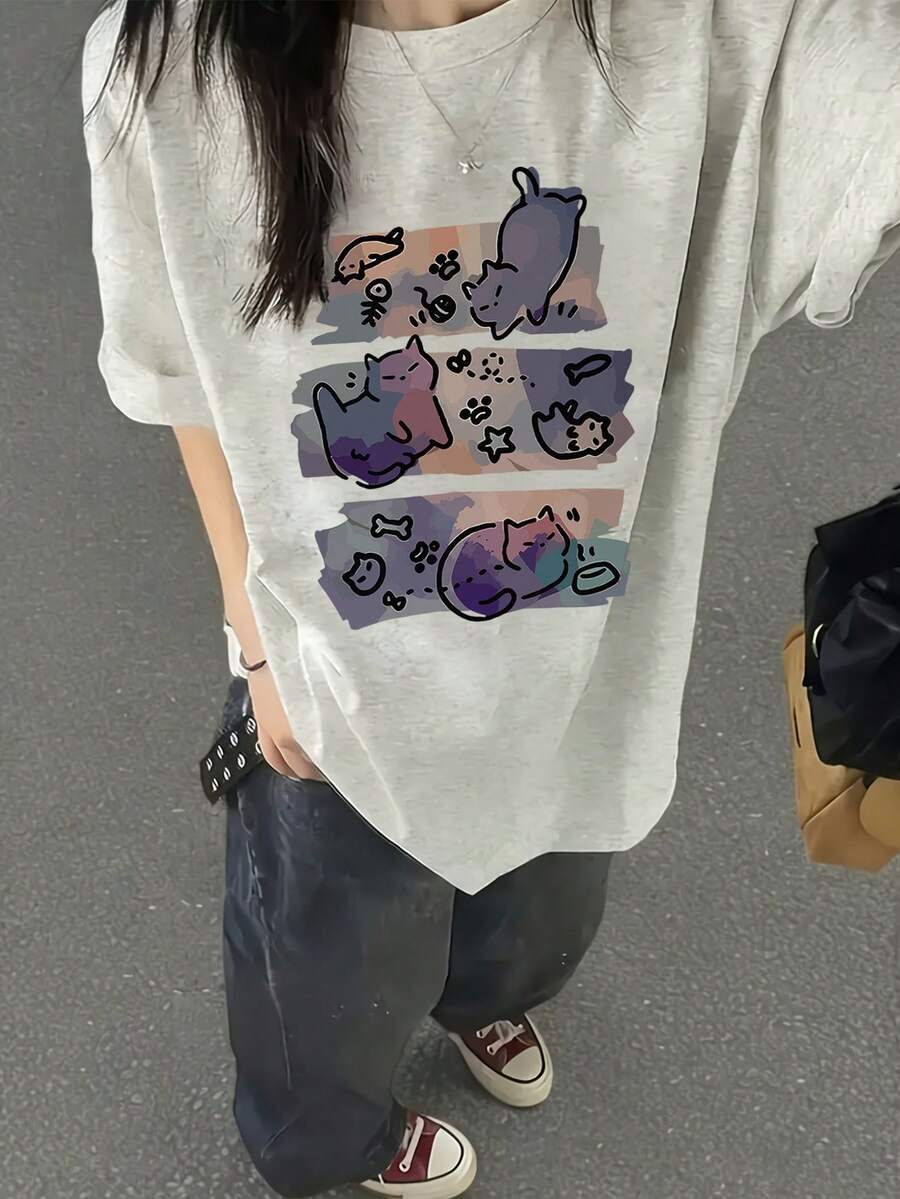 日系女式宽松休闲圆领卡通猫咪印花短袖T恤,春夏百搭 - 淺花灰 - 查看 1