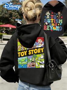 Disney Women's Hooded Sweatshirt Features A Double-Sided Toy Story Alphabet Cartoon Print Design Autumn/Winter Hooded Sweatshirt Soft, Comfortable, And Warm Fabric Essential Autumn/Winter Wardrobe Piece Perfect For Everyday Casual Wear, Travel, Or Shopping Also Makes An Ideal Gift - 黑色 - 查看 1