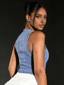 Chaleco vaquero para mujer sin mangas, cuello en V, corte ajustado, con botones, top vaquero, chaleco - Azul - Ver 2