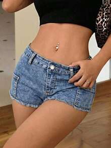 女士休闲牛仔迷你短裤，毛边直筒设计，中等弹力面料 - 藍色 - 查看 2