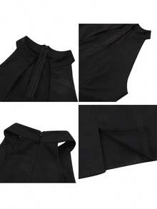 فستان أنيق بسحاب ظهر عاري ذو لون أحادي مناسب للمناسبات والحفلات، للربيع/الصيف - الأسود - مشاهدة 9