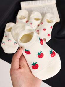 5 Pairs Cherry & Strawberry Pattern White Women's Boat Socks, Non-Slip, Breathable, Suitable For Spring/Summer - White - View 8