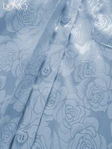 DONICY 女士春夏新款浅蓝色玫瑰压纹缎面长袖衬衫 - 优雅、柔软、百搭的上衣，适合情人节约会、狂欢派对、日常穿着和休闲场合。 - 藍色 - 查看 3