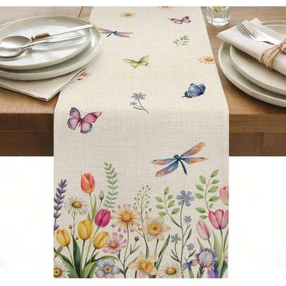 Wild Flower Pattern Table Runner, Vintage Spring Tulip Butterfly Floral Leaf Design, Washable Burlap Table Runner, Suitable For Kitchen, Dining Room, Home, Party