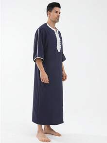 New Arrival Black Loose Casual Muslim Three-Quarter Sleeve Men's Robe, Middle Eastern Leisure Long Robe - Navy Blue - View 2