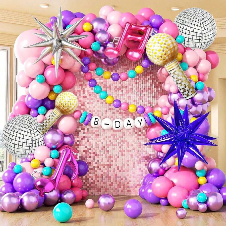 131件套K-POP主题气球拱门套装，包含紫色、紫红色、粉色、蓝绿色、黄色和金属紫色气球，22英寸紫色和银色爆炸星、迪斯科星和音乐符号铝箔气球。适用于舞会、单身派对、生日派对和迪斯科主题活动。另含金属迪斯科球派对装饰。 - 彩色 - 查看 1