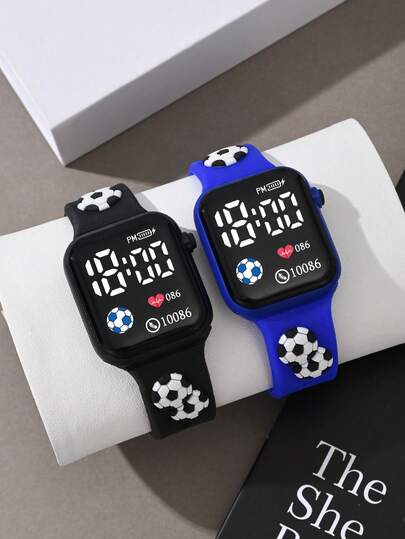 2pcs/Set Boys' Fashion Classic Football Theme Digital Square LED Children's Watch, Suitable For Back To School Season. It Is A Strap-Style Electronic Watch Suitable For Daily Life, Sports, School, Parties, And Travel. It Is Also An Ideal Gift For Friends, Birthdays Or Graduation Season, And A Perfect Choice For Boys.