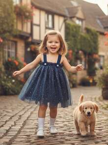 Vestido de verano sin mangas para niñas pequeñas, con lentejuelas, tirantes anchos, en capas de tul, informal, de princesa, bonito, para uso diario, ideal para niñas de 6 meses a 3 años. - Azul - Ver 4