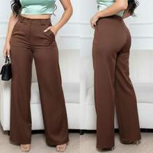 Women's Tailored Trousers, High-Waisted Wide Leg, Elegant Formal Style - Dark Brown - View 4
