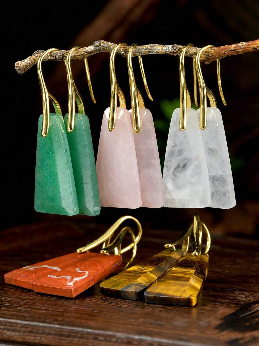 Geometric Natural Stone Earrings, Fashionable Trapezoid Shaped Rose Quartz, Green Aventurine & Tiger's Eye Dangle Earrings, Gold-Plated Elegant Jewelry - Multicolor - View 1
