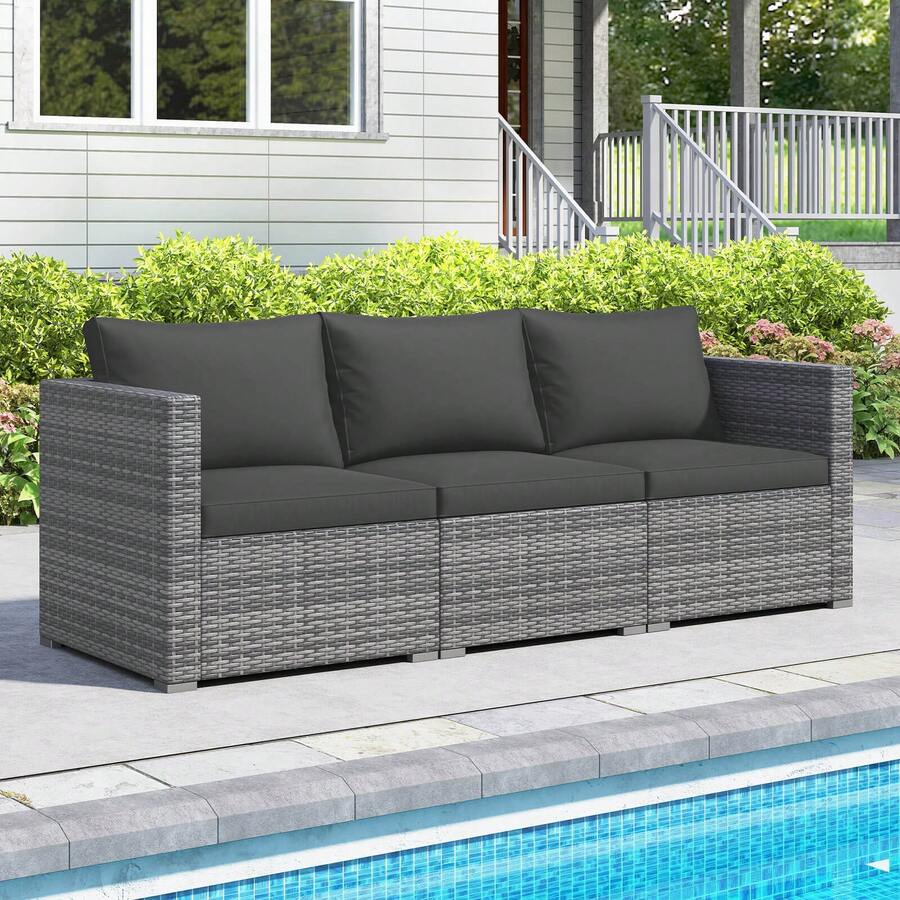 3PCS Patio Sectional Sofa Set, PE Rattan Modular Couch Furniture Set With Cushions Mix Gray/Mix Brown + Beige/Gray/Navy/Black - Black + Mix Gray - View 1