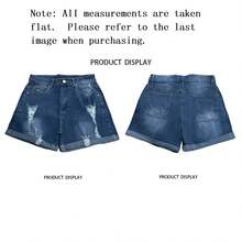Women's Ripped Folded Hem Casual Denim Jean Shorts With Pocket, Mid Waisted Stretchy Short Jeans For Holiday Home - Xanh đậm - Xem 3