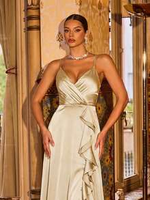Faeriesty Đầm dạ hội trang trọng thanh lịch dành cho nữ, thiết kế dây mảnh, trang trí bèo nhún, xẻ tà cao, dáng ôm sát, phù hợp cho các bữa tối trang trọng, dạ tiệc sang trọng, đám cưới, sự kiện thảm đỏ và các bữa tiệc cao cấp mùa xuân. - Màu be - Xem 3