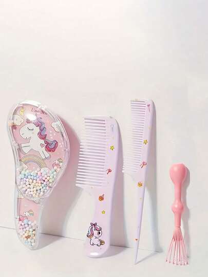 1 Set (1 Set = 4pcs) / 1pc Dreamy Party Photo Prop Comb, Practical Tool For Pajama Party, High-Quality Massage Comb Set, Transparent Magic Detangling Brush, Cute Cartoon Plastic Sequin Hair Brush For Children