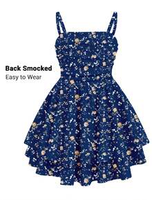 EXARUS Girls Flowy Ruffled Hem/Puff Bubble Dress Teen Ruched Summer Adjustable Spaghetti Strap Casual Cami Mini Dresses - 海軍藍小花 - 查看 3