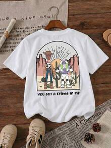 Disney Pixar Toy Story Woody & Buzz Lightyear Fist Bump Best Friends Sunset Printed Pattern T-Shirts For Girls - Children's Clothing Design Short-Sleeved Casual And Cute Style Comfortable And Casual Wear All Year Round Suitable For Parties And Play Machine Washable Gift Children's Clothing Girls' Short-Sleeved Shirts - 白色 - 查看 2