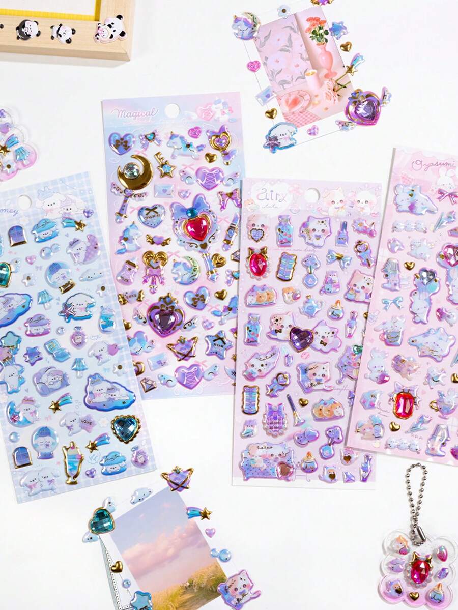 可重复使用的3D贴纸 - 可爱、实验室主题贴纸、动物和宠物（猫、狗）| 自粘多层贴纸，不对称形状，哑光表面，适用于剪贴簿、日记、计划本、DIY手工 | 柔和色彩和彩色卡通3D浮雕可爱趣味贴纸，水晶钻石浮雕贴纸，定制创意手账贴纸 - 彩色 - 查看 1