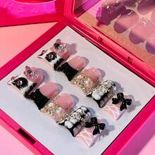 NailLuxe 10 PCS Handmade Duckbill Press-On Nails | Blush-Black Gothic Sweet Nails With Bow & Crystal Designs, Bold & Charming Nail Art For Stylish Looks - màu đen - Xem 1