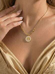 1 chiếc dây chuyền mặt tròn hình cây sự sống bằng vàng, trang sức tối giản nhưng ý nghĩa và phong cách, thích hợp để hẹn hò, làm quà tặng hoặc đeo hàng ngày (Đóng gói trong túi OPP) - Vàng - Xem 3