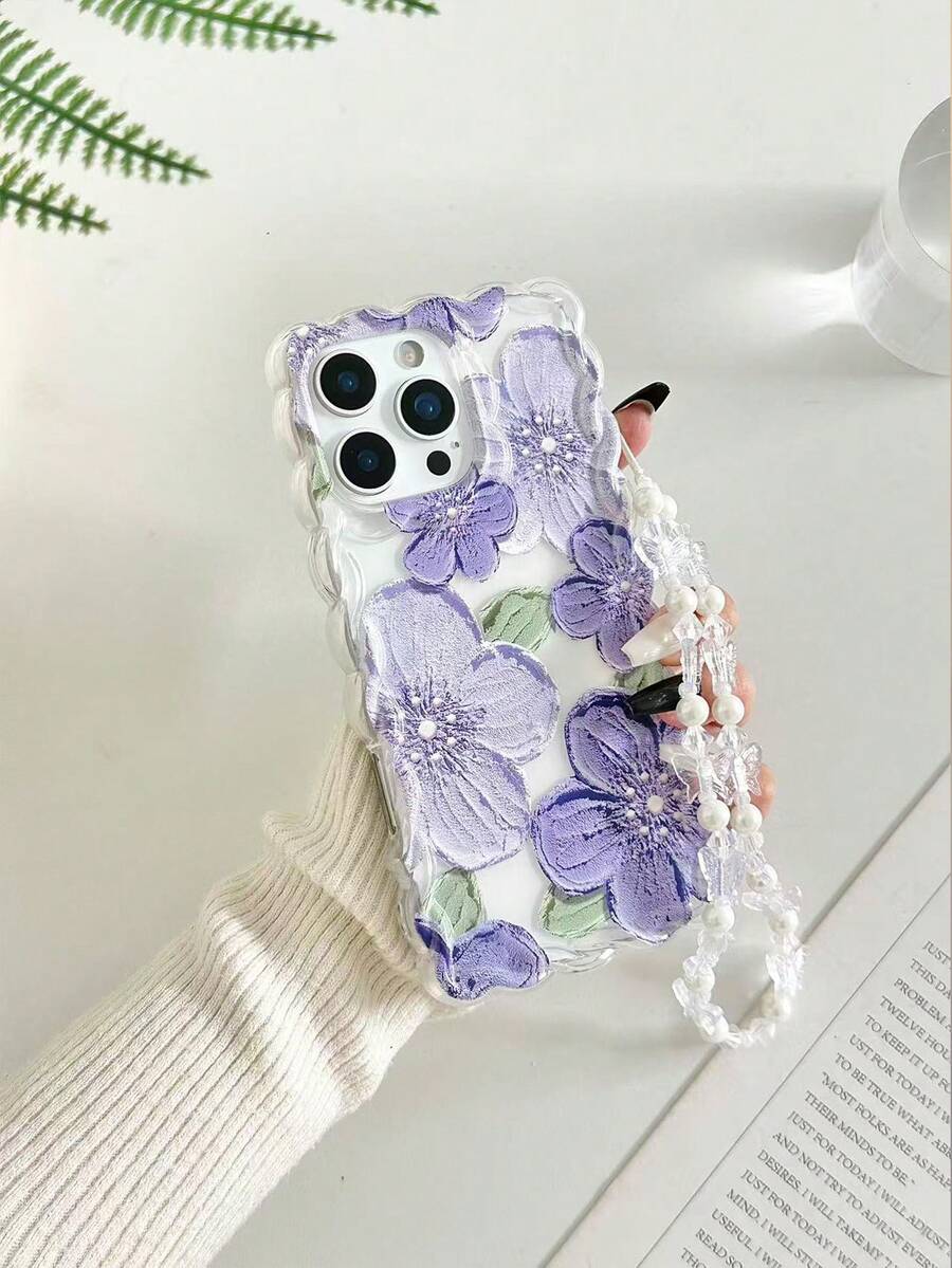 花朵彩色编织波浪边简约优雅TPU彩绘防震手机壳,搭配手工串珠手链配件,兼容 17 Pro/17 Air/17/17 Pro Max、16/11/16 Pro/16 Plus/16 Pro Max/16 e/15 Pro Max/13/14/12/XS/XR/7G/8 Plus/XR/7/8、15 Pro Max、13、14 - 彩色 - 查看 1