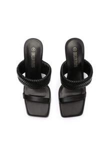 Women Chunky High Heel Mule Sandals Braided Open Toe Two Strap Slip On Heels For Casual Party Summer Spring Wearing - 黑色 - 查看 3