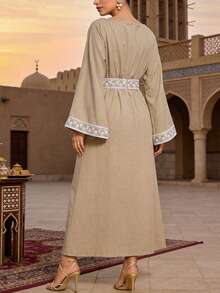 Ramadan Embroidery Jalabiyas Elegant Modest Abaya Long Dress For Women Evening Party - Khaki - View 2