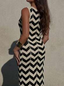 女士时尚波浪纹针织罩衫连衣裙，性感V领系带镂空沙滩度假连衣裙，夏季 - 彩色 - 查看 7