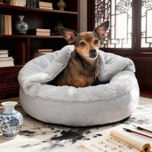 Plush & Performance Linen Hooded Donut Pet Bed For Dogs & Cats - Mist Gray, Extra Small - 20" - Xám sương mù - Xem 5