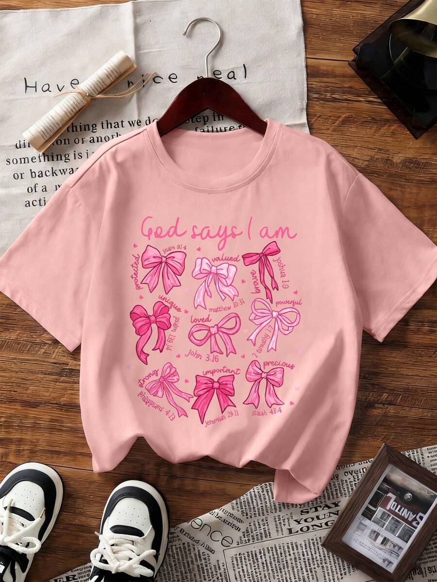 Girls Positive Adjective Print Crew Neck Short Sleeve T-Shirt, Comfortable New Spring/Summer Tween Girl Clothing - Pink - View 1
