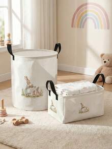 1pc/2pcs Easter Pattern Printed Large Capacity Foldable Round Storage Basket With Handle, Multipurpose Storage Basket For Nursery, Baby Diaper, Clothes, Toys Organizer, Collapsible Storage Box - Multicolor - View 15