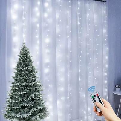 1pc USB Powered Curtain Lights, 600/300/200/100 LED String Lights, 8 Modes, Suitable For Birthday, Wedding, Party, Room, Window, Holiday Decoration (Remote Control Batteries Not Included)