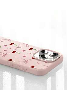 1pc Creative Cute Sweet Girl Pink Heart Bow Cherry Letter Pattern Liquid Silicone Soft Phone Case, Shockproof Cover Compatible With Apple 11/12/13/14/14Plus/15/15Plus/16/16Plus/17/17Pro - Multicolor - View 3