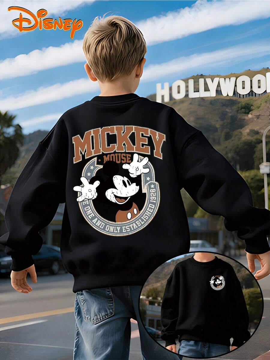 Disney Mickey Mouse "One And Only" Retro Black Crewneck Sweatshirt, Vintage Badge Print, Double-Sided Design, Soft Fleece Lining, Oversized Fit, Casual Style, Perfect For Fans & Daily Outfits, Unisex - 黑色 - 查看 1