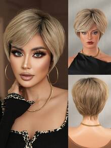7JHH WIGS Peluca de cabello sintético resistente al calor de 8 pulgadas con flequillo, raíces oscuras y aspecto natural, ideal para uso diario, disfraces, cosplay y estilo cotidiano (sin enredos, ligera) - Rubia beige estilo bob corto para mamá elfa - Degradado Beige - Ver 2