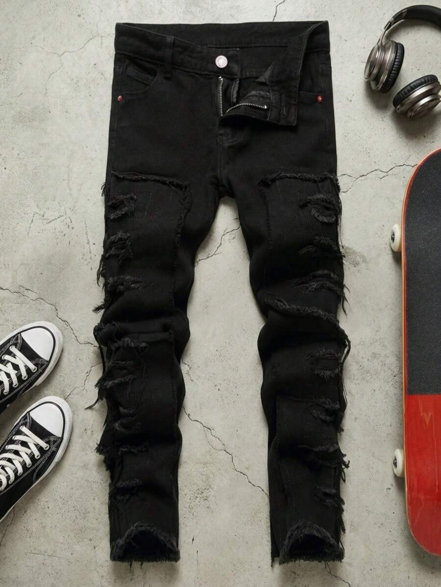 Tween Boys Stacked Distressed Jeans,Casual Fashion Slim Fit Comfortable Denim Pants,Black Fringed Patchwork Frayed Hem  Jeans For Kids,Style Hip-Hop Skateboard Pants,To 8-16 Year Old Size,Perfect For Outdoor - 黑色 - 查看 1