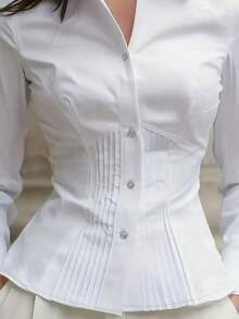 新款女士优雅衬衫，时尚白色长袖纽扣衬衫，褶裥设计，高端精致风格，专业简约外观，适合休闲场合和春季约会。 - 白色 - 查看 3