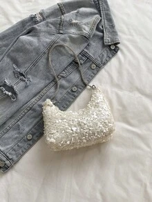 Fashion New Sequin Shoulder Bag, Versatile Chain Crossbody Bag, Small Square Bag, Random Pattern - Beige - View 9